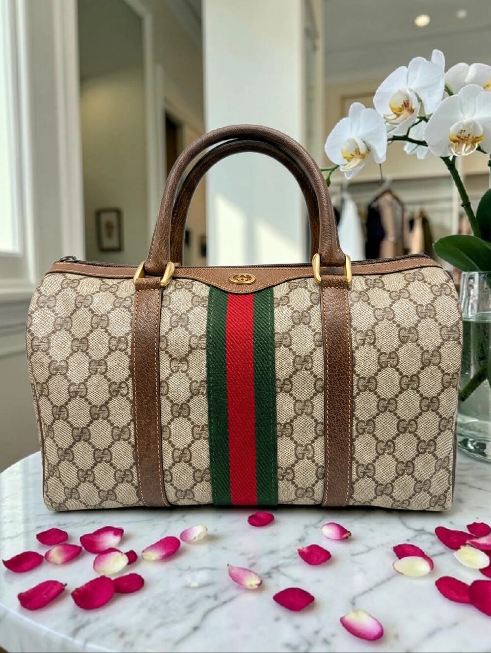 Gucci Vintage Beige GG Supreme Canvas Boston Bag